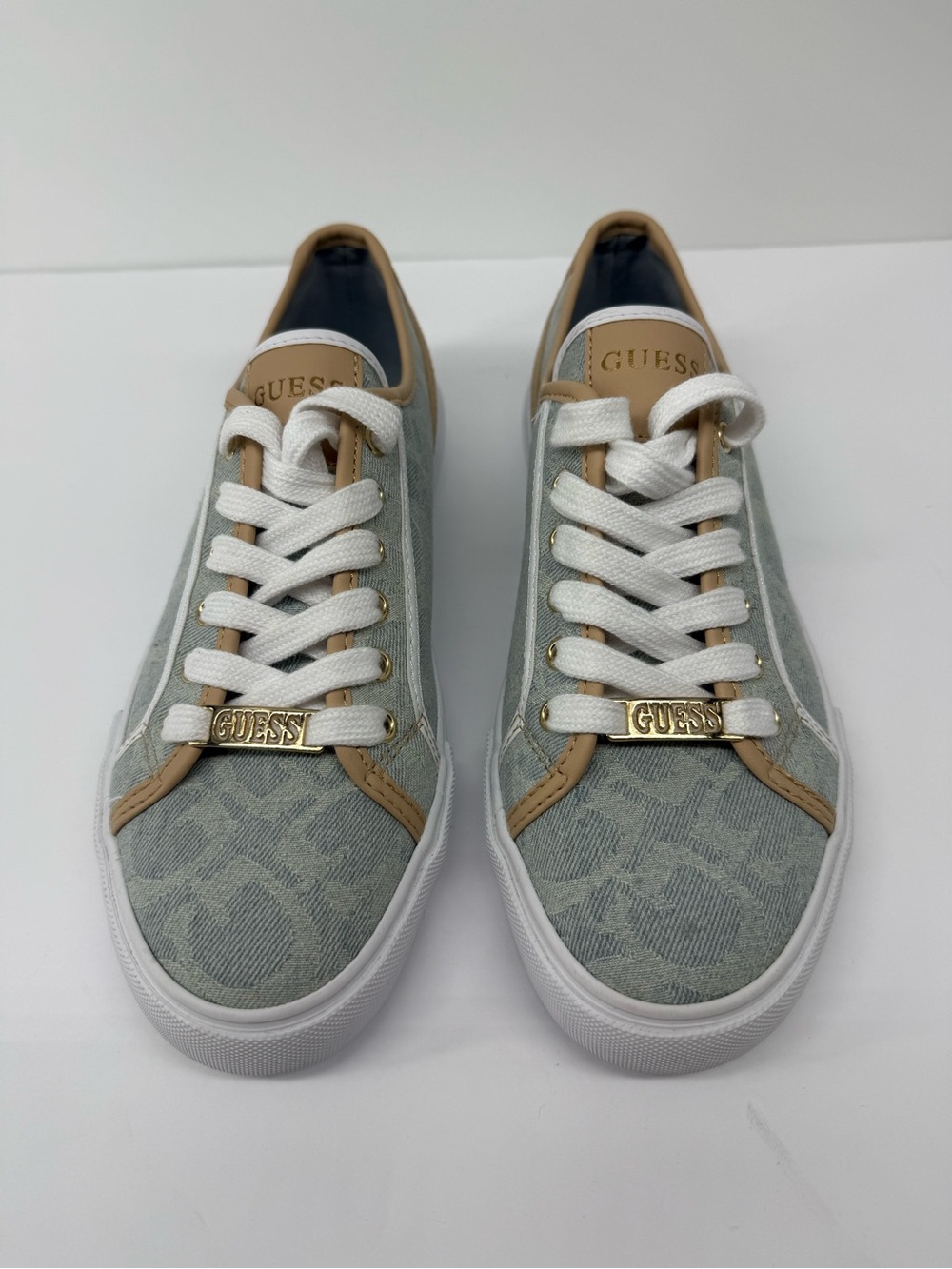 Guess Men’s Light Gray Logo Canvas Sneakers with Tan Accents